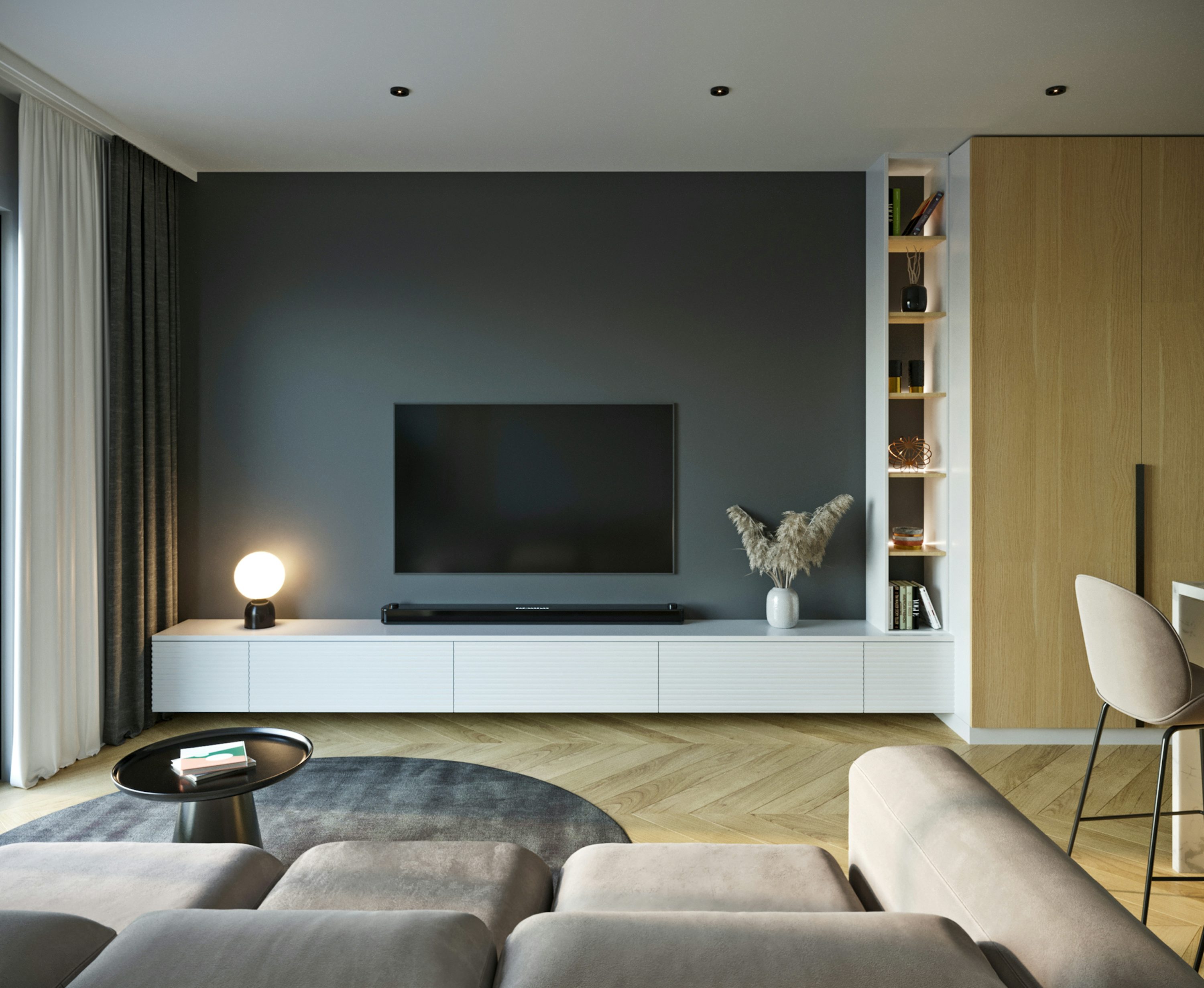Professional TV and soundbar installation on dark accent wall - Audio Crafters Inc